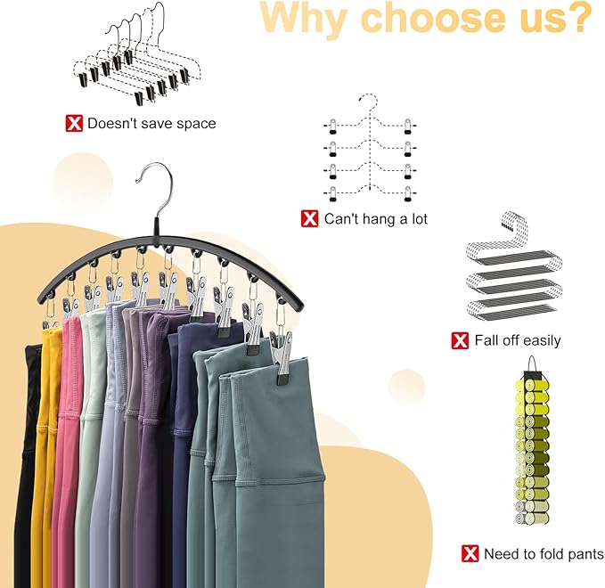 Legging Organizer for Closet, Metal Yoga Pants Hangers 4 Pack w/10 Clips Holds 40 Leggings, Space Saving Hanging Closet Organizer w/Rubber Coated Closet Organizers and Storage, Black