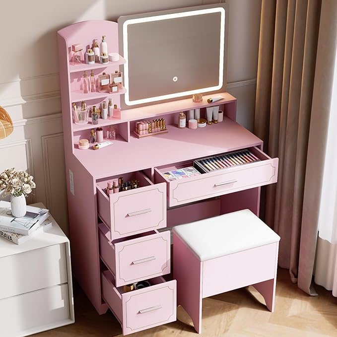 Vanity Table with LED Mirror & Power Outlet - 5 Open Shelves, 4 Drawers - Includes Padded Stool - Ideal Bedroom Makeup Dressing Table （Pink）