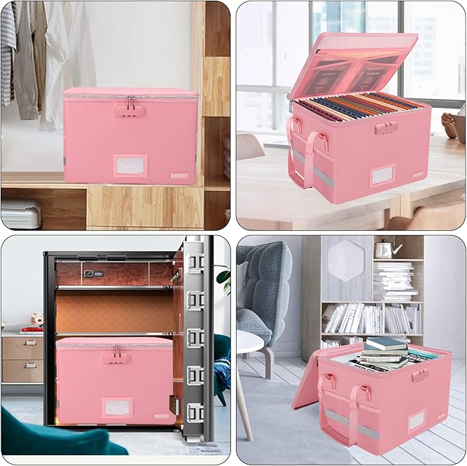 ENGPOW File Box with Lock, Fireproof Document Box with Pockets, Collapsible File Organizer Filing Storage Cabinet with Handle, Portable Home Office Safe for Hanging Letter/Legal Folders, Pink, 2 Pack
