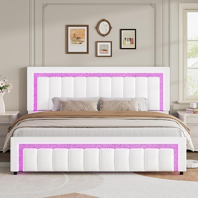 HOMBCK Full Size Bed Frame with LED Lights and Velvet Upholstered Headboard, Bed Frame Full with Modern Diamond Headboard Adjustable, Wooden Slats Support, Noise Free, No Box Spring Needed, White