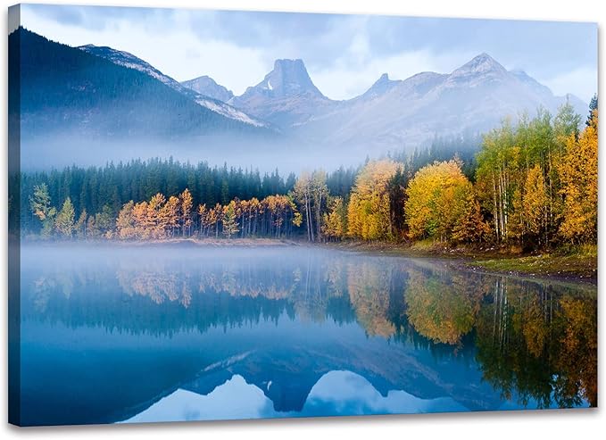 SKASNFAI Lake Canvas Wall Art National Park Forest Mountains Painting Artwork Nature Prints Poster Framed for Living Room Bedroom (12x16 inch)