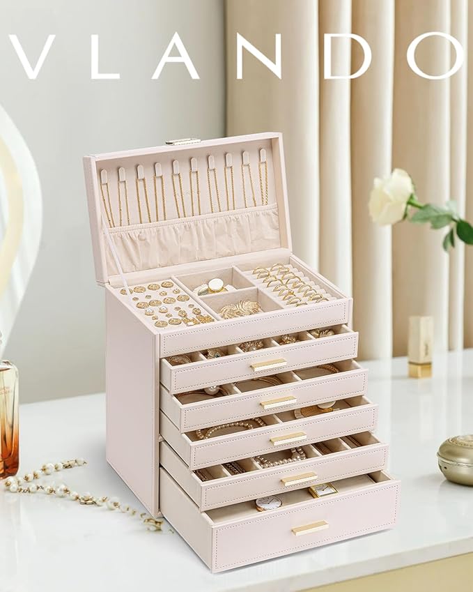 Vlando 6 Layer Large Jewelry Box - Jewelry Holder Organizer, Jewelry Box Organizer for Drawer Necklace Ring Bracelet and Watch, Birthday Gift for Loved Ones - Pink
