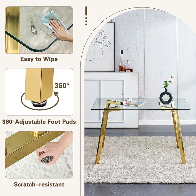 51" Glass Dining Table Set for 4,Small Kitchen Room Dining Table Set 4 with Chairs,Tempered Glass Top with Gold Legs,Easy to Assemble,Dinette Breakfast Nook