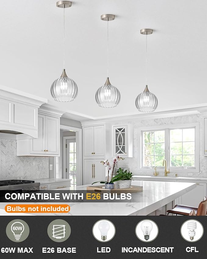 Brushed Nickel Pendant Lights Kitchen Island, Globe Pendant Light Fixtures with 8 Inch Clear Glass Shade, Modern Hanging Light Fixtures for Kitchen, Bedroom (1 Pack - Clear Glass Pendant Light)