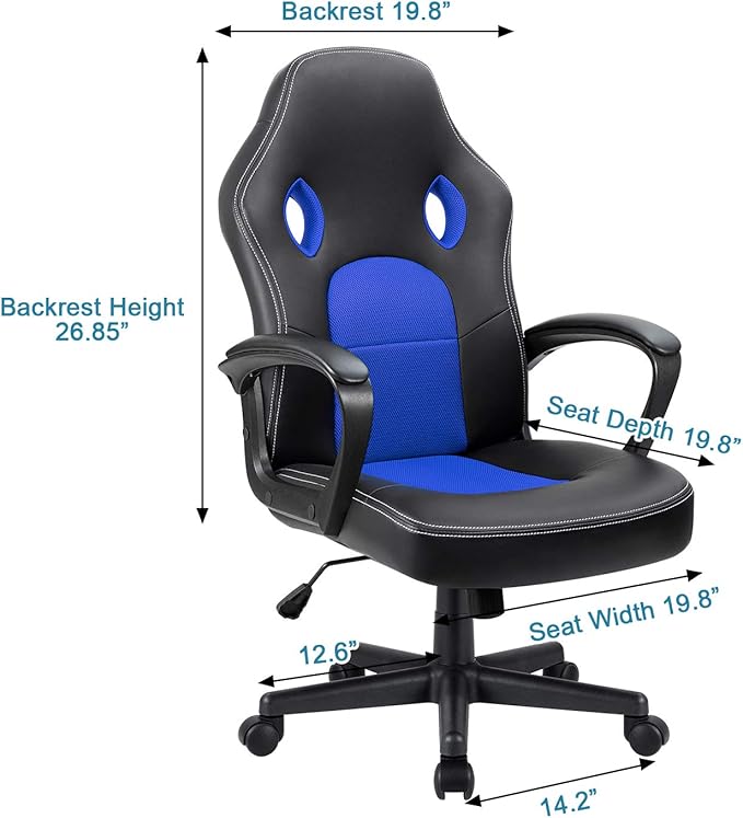 Furmax Blue Leather Office Chair with Adjustable Swivel Base, Padded Armrests and Lumbar Support