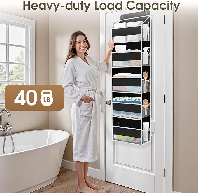 2 Pack Over The Door Organizer, Hanging Storage Organizer with Clear Window, 40lb Ultra Sturdy Large Capacity Room Organizer for Pantry Laundry Bathroom Nursery Closet (Black)