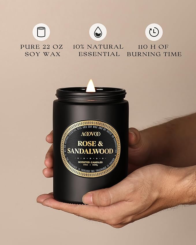 AOOVOO Scented Candles for Men - Rose & Sandalwood Candles for Home Scented | Crackling Wood Wick Soy Candles | Strong Fragranced Masculine Black Candle Gift for Women & Men, 22oz