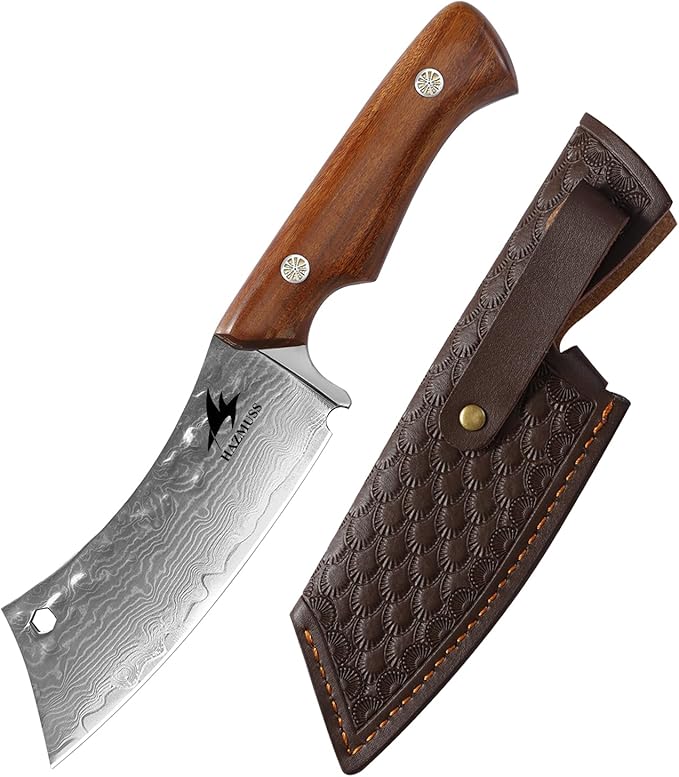 Kitchen Utility Knife, 4.3 Inch - Damascus Steel Carving Knife with Leather Scabbard, Ergonomic Full Tang Handle for Home Kitchen Cooking Outdoor Camping BBQ