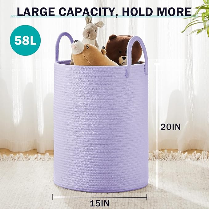 Laundry Hamper Basket, Woven 58L Tall Laundry Basket for Blanket Organizer- Clothes Hamper Baby Nursery Hamper for Blanket Storage in Bedroom
