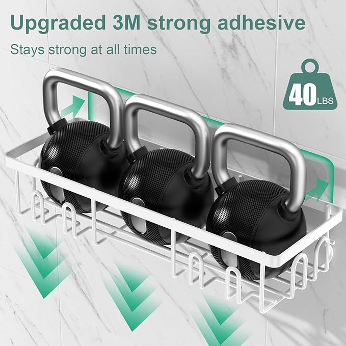 2025 New Adhesive Shower Caddy, Shower Shelves with 16 Hooks, White 2 Pack