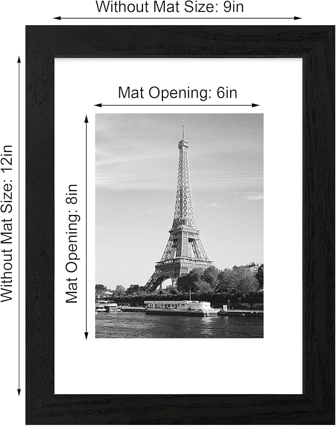 9x12 Picture Frame Set of 4 with Tempered Glass, Black Frames Display 6x8 Picture with Mat or 9 x 12 Without Mat, Photo Frames for Tabletop Display and Wall Mounting