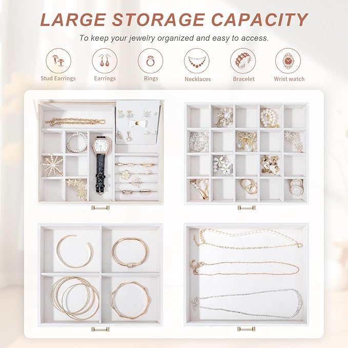 Jewelry Box for Women,4-Layer Leather Jewelry Holder Organizer with 3 Drawers Large Jewelry Storage Boxes, Lots of Storage Space For Ring,Necklace,Bracelets,Earring（White）
