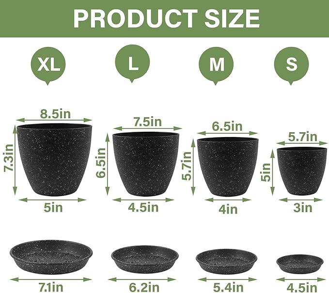 Plant Pots 8.5/7.5/6.5/6 Inch, 4 Pack for Indoor Plants, Modern Decorative Plastic Planters with Drainage Holes and Saucers for House Indoor Outdoor Flower