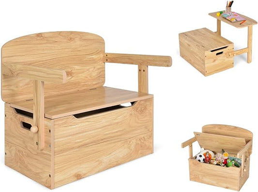 HONEY JOY Kids Table and Chair Set, 3-in-1 Convertible Wooden Toy Storage Bench with Handle, Toddler Furniture Set for Daycare Playroom, Gift for Boys Girls 3+ (Natural)