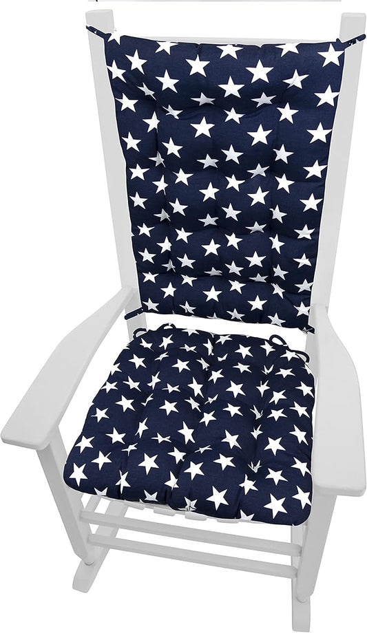 Barnett Home Decor Stars Navy Porch Rocker Cushions - Indoor-Outdoor: Fade Resistant, Waterproof - Latex Foam Fill Rocking Chair Seat Cushion & Backrest Pad Set (Extra-Large, Stars Navy)