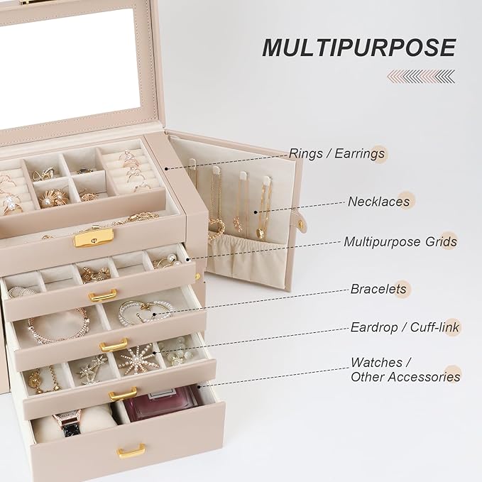 Large Jewelry Box, Jewelry Boxes for Women Large Jewelry Organizers and Storage, Women Large Jewelry Box with Mirror, 5 Layers 4 Drawers Jewelry Box with Handle Jewelry Organizer, Apricot