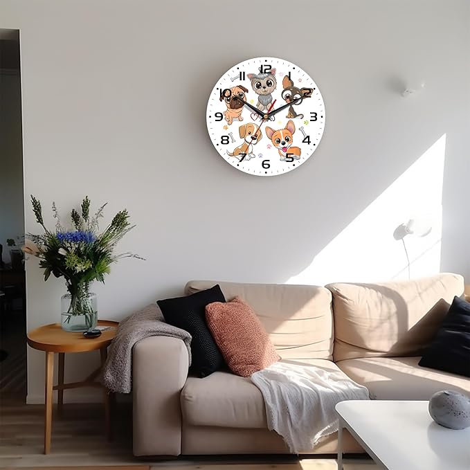 Wall Clock, 10 Inch Silent Non-Ticking Home Kitchen Decor, Battery Operated for Bathroom Bedroom Living Room Office(Cute Dogs)