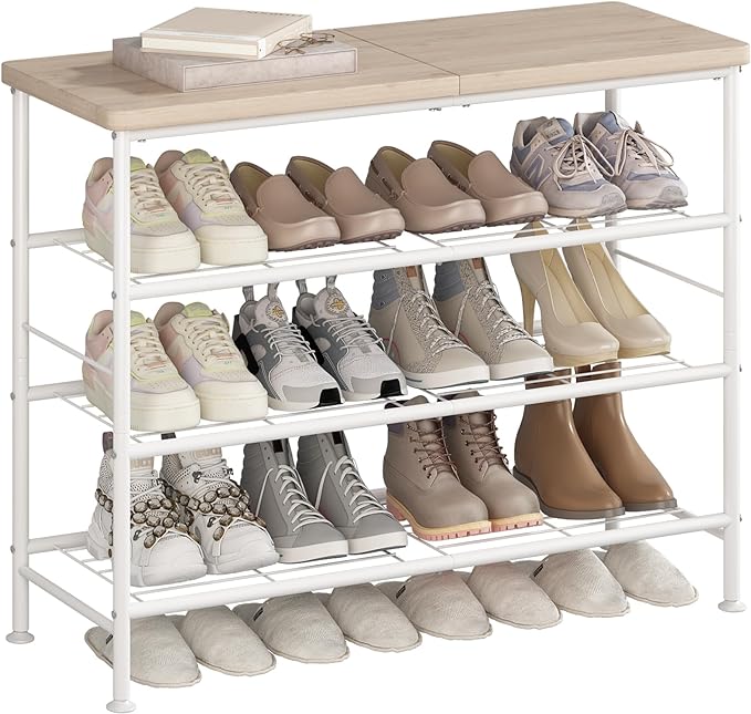 Shoe Rack Organizer 4 Tier for Closet Entryway Free Standing Metal Storage Shoe Shelf with MDF Top Board，White+Oak