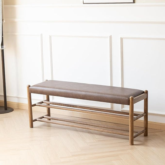 Solid Wood Entryway Bench with Shoe Storage, Rustic Oak Wood and PU Leather 45 Inch Long Seating for Living and Dining Rooms, 3-Tier Brown