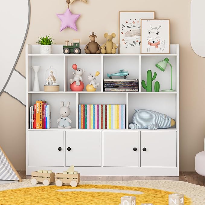 2 in 1 Large Toy Organizer and Storage, 4 Tier Kids Bookshelf with 11 Storage Cubbies, Wooden Storage Cabinet Daycare Furniture for School, Classroom, Playroom, Nursery, Kindergarten, White