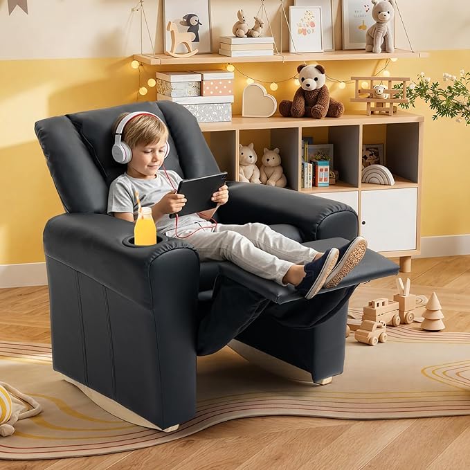 AVAWING Kids Recliner Chair with Cup Holder, Leather Toddler Recliner with Adjustable Backrest, Curved Rocking Legs and Comfy Armrests for Bedroom or Nursery (Black)