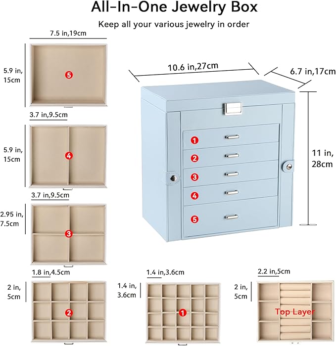 Frebeauty Large Jewelry Box,6-Tier PU Leather Jewelry Organizer,Multi-functional Storage Case with Mirror,Accessories Holder with 5 Drawers for Necklace Bracelets Watches(Sky Blue)