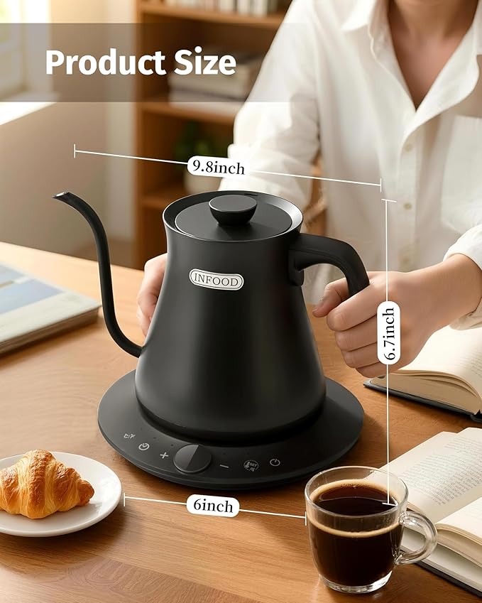 INFOOD 0.8L Gooseneck Electric Kettle, Precise Temperature Control for Pour Over Coffee & Tea, 1200W Fast Boiling Water, Auto Shut Off, Scheduling, Stainless Steel, Black
