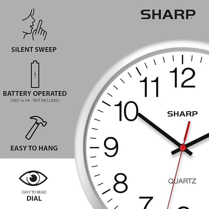 Sharp Wall Clock – Silver, Silent Non Ticking 14 Inch Quality Quartz Battery Operated Round Easy to Read Home/Kitchen/Office/Classroom/School Clocks, Sweep Movement
