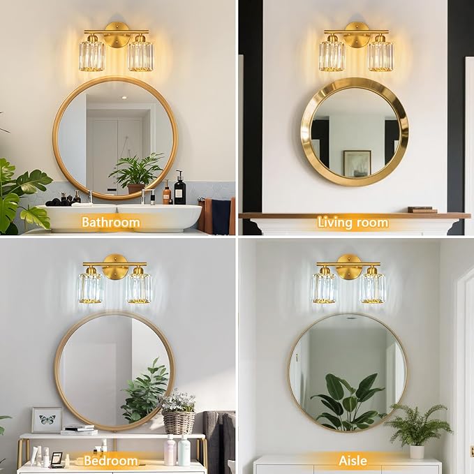 Modern 2 Light Crystal Vanity Light, Brushed Gold Vertical Bathroom Light Fixture Over Mirror for Dressing Table Sink, Compatible with Dimmable Bulbs (Bulbs Not Included)