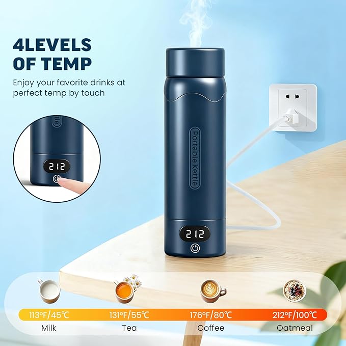 Travel Electric Kettle Portable Mini Kettle, 316 Stainless Steel 16.91Oz/500mL, Small Hot Water Boiler with 4 Temperature,Fast Boiling water with Auto Shut-Off and Boil Dry Protection Blue