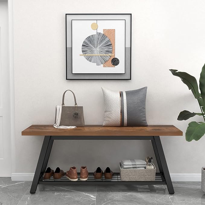 Storage Bench Industrial Rustic Wooden and Metal Entryway Shoe Boots Storage Rack Long Bench Seat for Hallway Bedroom Retro Brown Farmhouse Style