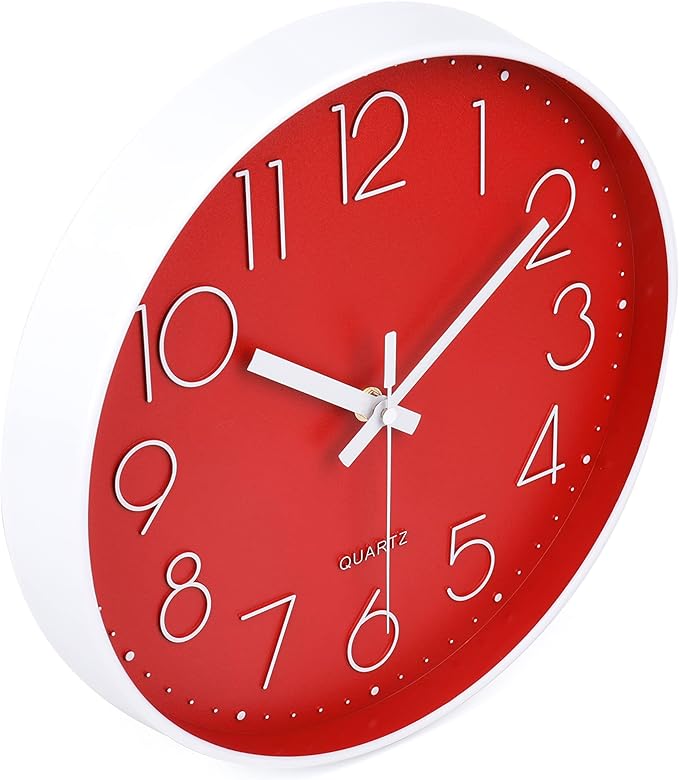 jomparis Red Wall Clock 12 Inch Silent Non-Ticking Battery Operated Quality Quartz Round Wall Clock Modern Decor Clock for Home Bedroom