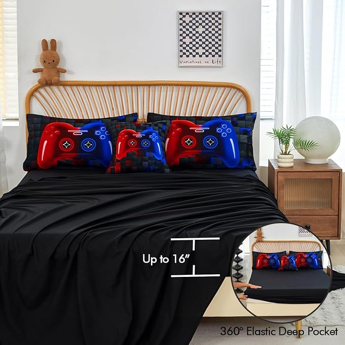 PERFEMET 6 Pieces Gaming Bedding Sets Full Size Red and Blue Gamer Comforter Set for Boys Girls Soft Fluffy 3D Cool Video Game Kids Bed in A Bag for All Seasons(Red Blue, Full)