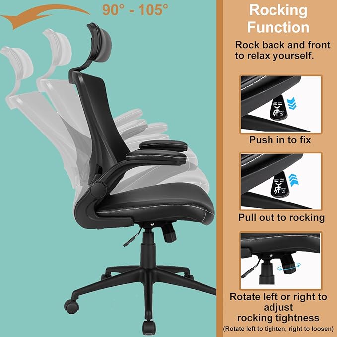 POWERSTONE Ergonomic Office Chair with Thickened Leather Seat, Mesh Desk Chair with Adjustable Headrest Lumbar Support and Flip-up Armrests for Home, Office, Study