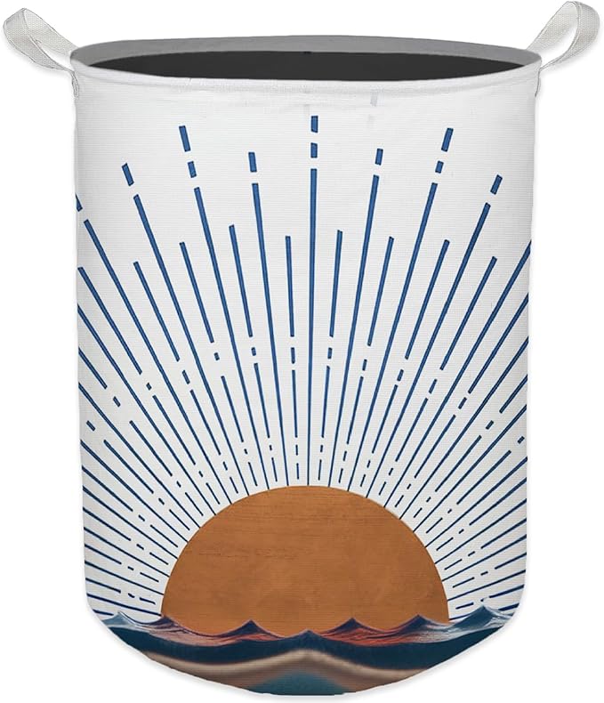 Boho Laundry Basket, Mid Century Modern Boho Terracotta Sun Sea Wave Waterproof Collapsible Laundry Hamper Dirty Clothes Storage Toy Bin Organizer for Bathroom Bedroom Nursery Girls Kids Room
