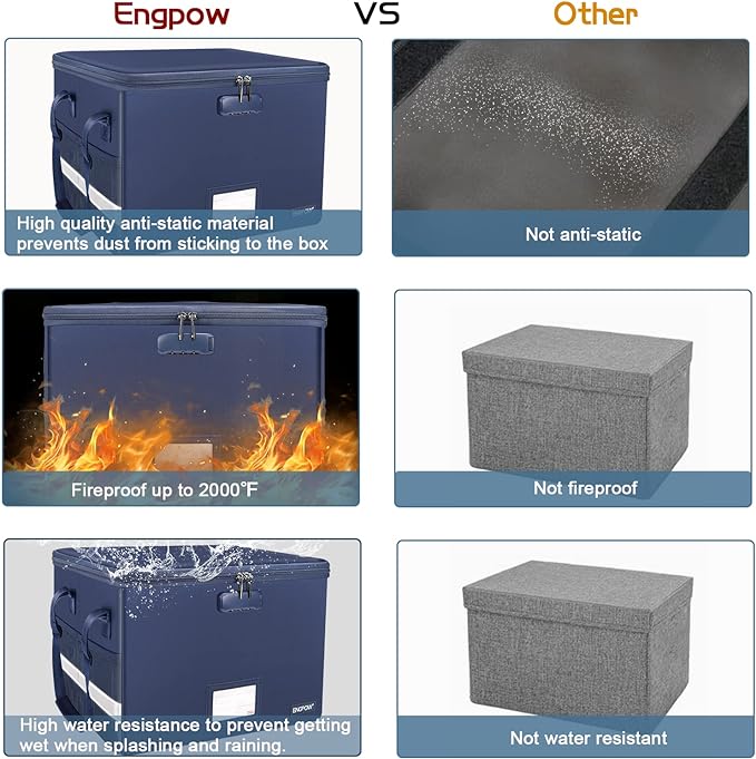 ENGPOW File Box with Lock, Fireproof Document Box with Pockets, Collapsible File Organizer Filing Storage Cabinet with Handle, Portable Home Office Safe for Hanging Letter/Legal Folders, Blue, 2 Pack