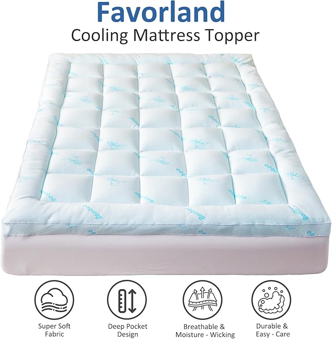 Favorland Mattress Topper Twin Size - Cooling Extra Thick Breathable Viscose Made from Bamboo Mattress pad - Soft Quilted Fitted Mattress Cover with 900 GSM Down Alternative Fill (8-21”Deep Pocket)