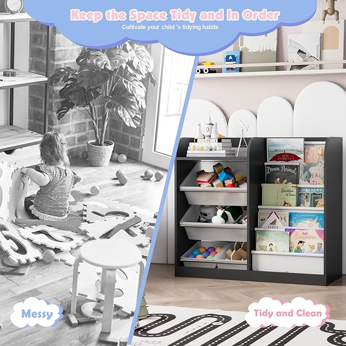 Black Kids Wood Bookshelf Toy Storage Box Organizer Shelf W/4 Removable Plastic Toy Bins Children Bookcase Toddler Baby Sling Book Rack Cabinet Chest Girl Boy Gift Playroom Classroom Bedroom Nursery