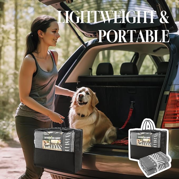 OMERAI Reversible Waterproof Outdoor Rug for Backyard,Plastic Textured Resistant Outdoors Rugs,Portable Washable Easy Cleaning Foldable Camping Beach Carpet for Patio Courtyard, 6'x9' Gray & White