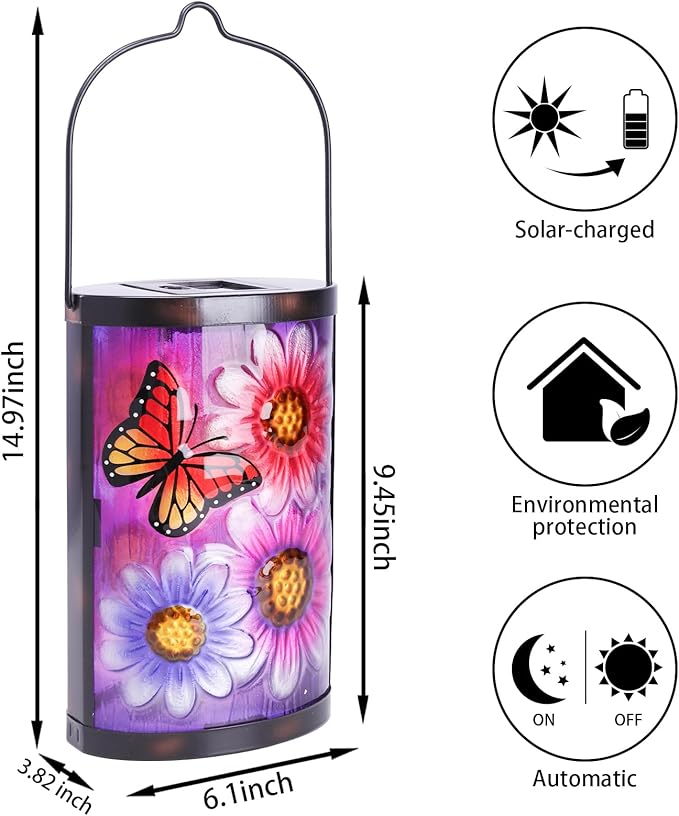 Hanging Solar Lantern Outdoor Waterproof Flowers Butterfly Solar Lights Glass Tabletop Decorative Lamp for Outdoor Patio Garden Outside Yard Decor