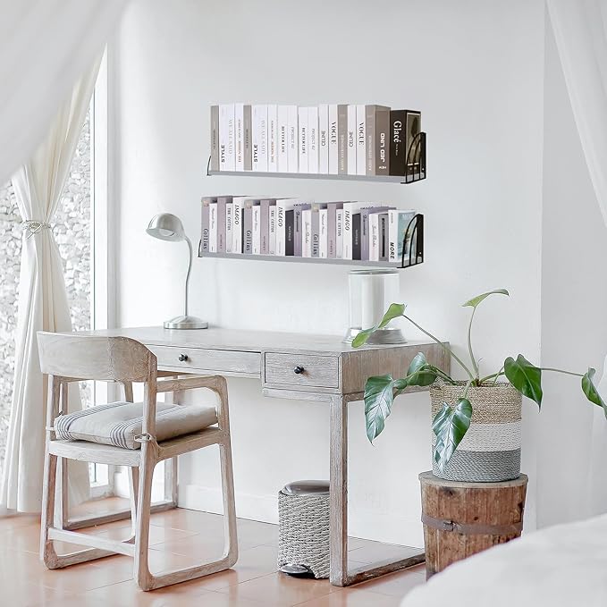 Pine Wood Grey Floating Shelf with Elegant Lines, Bookshelf Set of 2, 31.5x7.87 Inch