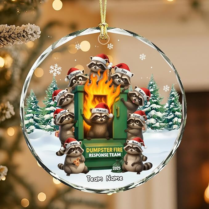 NAZENTI Personalized Funny Raccoon Chaos Response Ornament, Custom Flaming Bin Holiday Decoration, Coworker Christmas Glass Hanging Gift