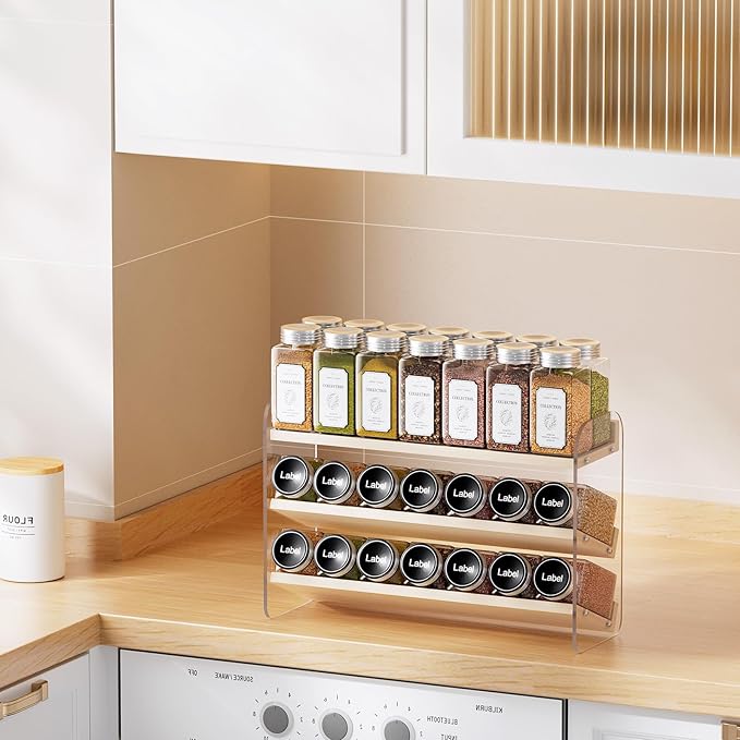 MUDEELA Clear Spice Rack Organizer for Cabinet, 3 Tiered Vertical Spice Shelf, Wooden Material, Seasoning Organizer for Countertop, Kitchen, Pantry, Freestanding, 13.3" W × 11.2" H (No Jars Included)