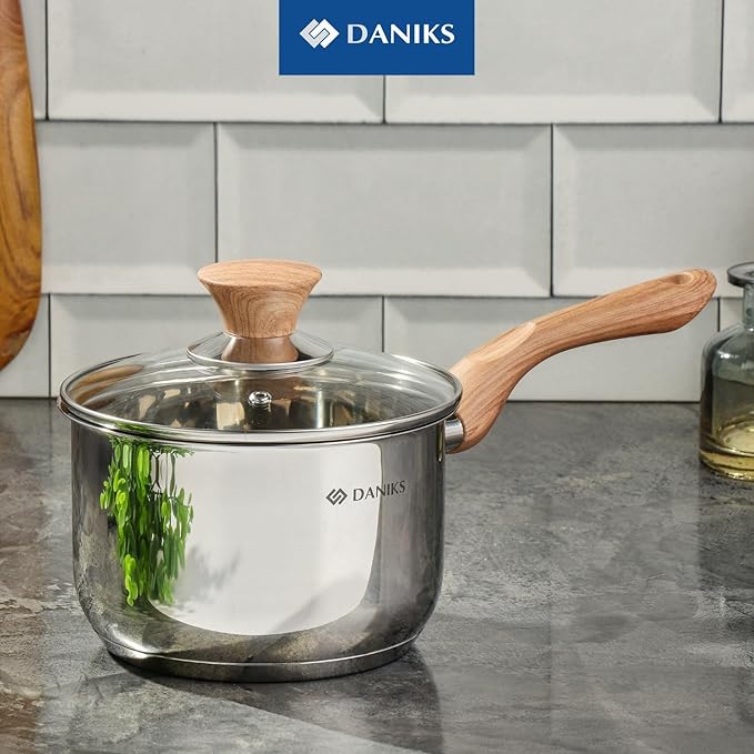 Daniks Oslo 10-Piece Stainless Steel Induction Cookware Set – Dishwasher Safe Saucepan, Frying Pan, Pots with Stay-Cool Handles, Glass Lids, Silver