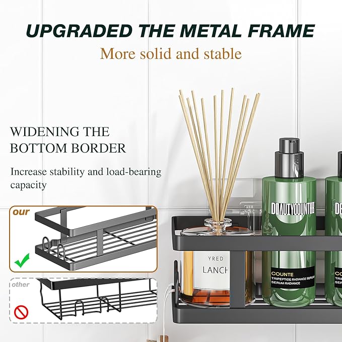 Adhesive Shower Caddy,Shower Shelves with Soap Holder and 12 Hooks,Rustproof No Drilling Bathroom Organizer and Storage,Black,3 Pack