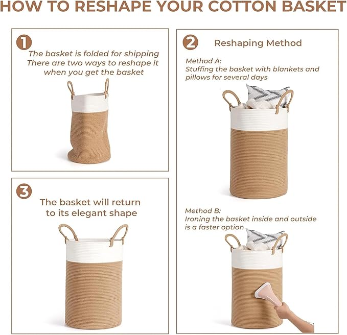 INDRESSME Large Laundry Hamper, 60L Clothes Laundry Basket, Nursery Hamper, Cotton Rope Hamper for Blankets, Hampers for Bedroom, 19.7 x 13.8 inches