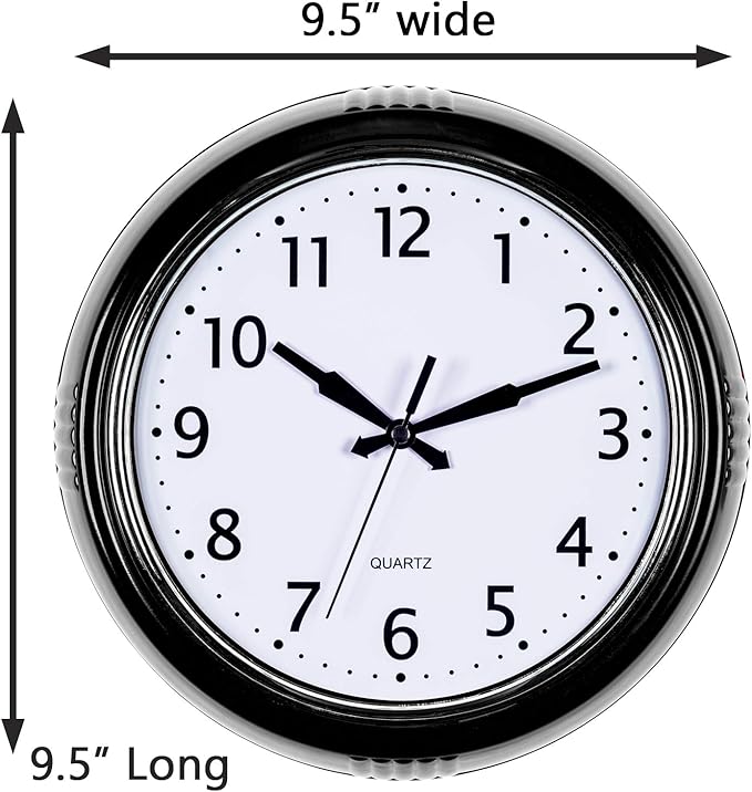 Bernhard Products Black Wall Clock Retro Silent Non Ticking 9.5 Inch Round Battery Operated Quality Quartz Easy to Read for Home Kitchen Office Classroom School Clocks Sweep Movement Vintage Décor