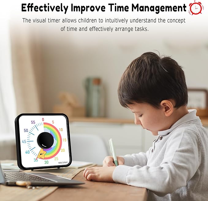 Secura 60-Minute Visual Timer, 7.5 Inch Magnetic Rainbow Countdown Timer for Classroom or Kitchen, Durable Mechanical Timer Clock with Magnetic Backing (Black & Star)