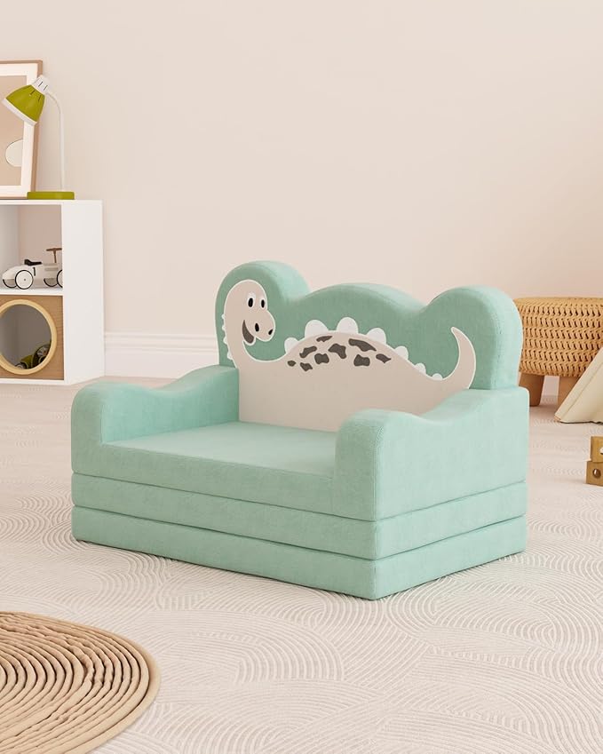 2-in-1 Kids Couch Fold Out, Convertible Toddler Couch to Lounger, Toddler Chair Comfy, Kids Sofa for Girls and Boys, Gift for Birthday, Children's Day, Dinosaur Green
