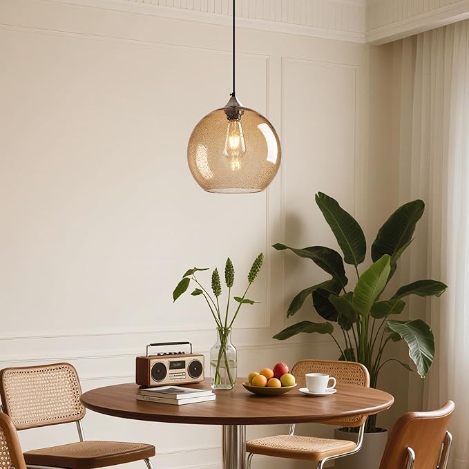 Light Brown Glass Pendant Lights Kitchen Island Globe Pendant Light Fixtures Modern Pendant Lighting for Bedroom Living Dining Room Light Fixture (9.84 in, 1 Pack)